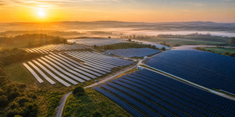 Luftaufnahme eines Solarparks bei Sonnenaufgang