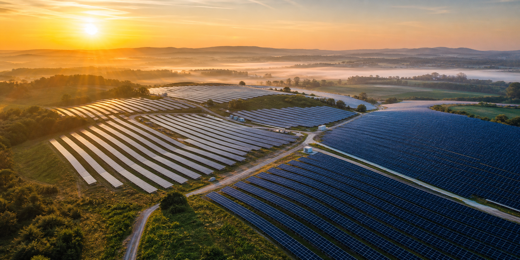 KI-generierte Luftaufnahme eines Solarparks bei Sonnenaufgang
