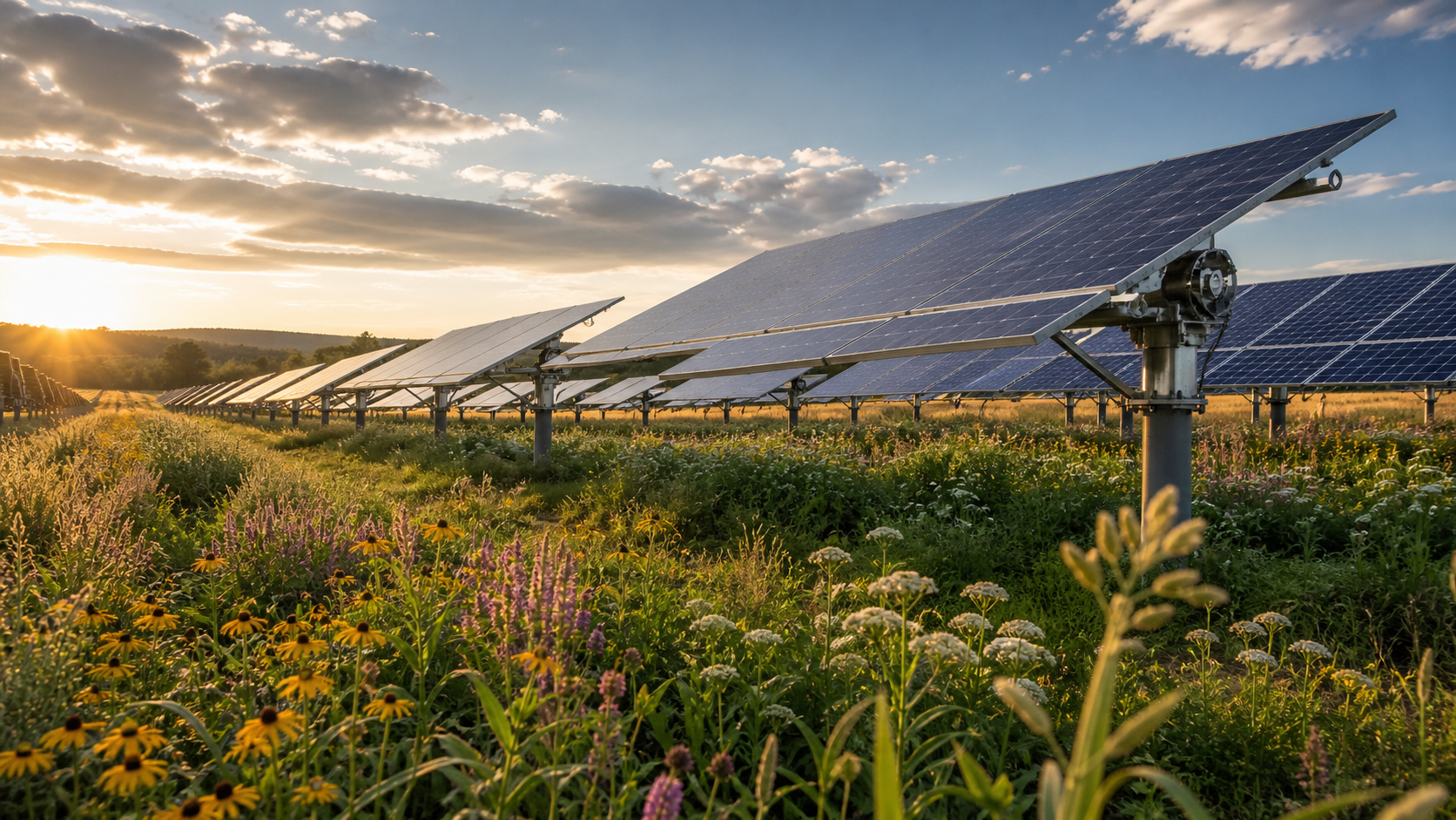 KI-generierte Nahaufnahme von Solarmodulen mit Wildblumen