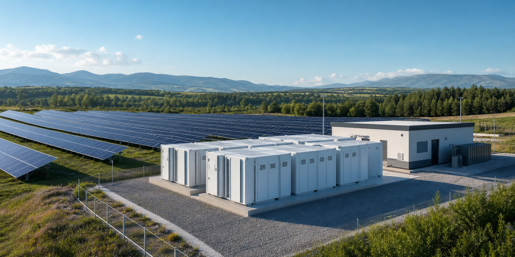 KI-generierte Solarpark-Infrastruktur mit Speicher und Betriebsgebaeude